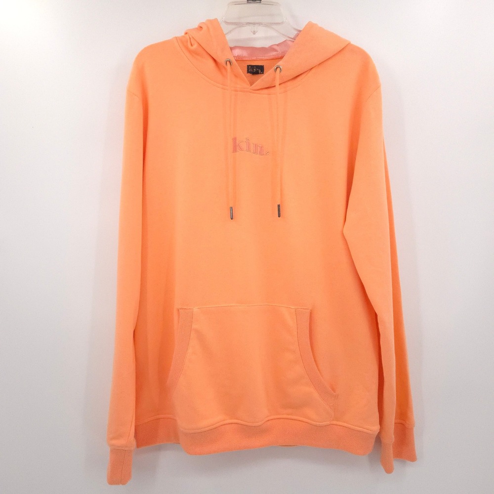 Kin. Hoodie Women Large Orange Satin Lined Embroidered Logo Sweatshirt